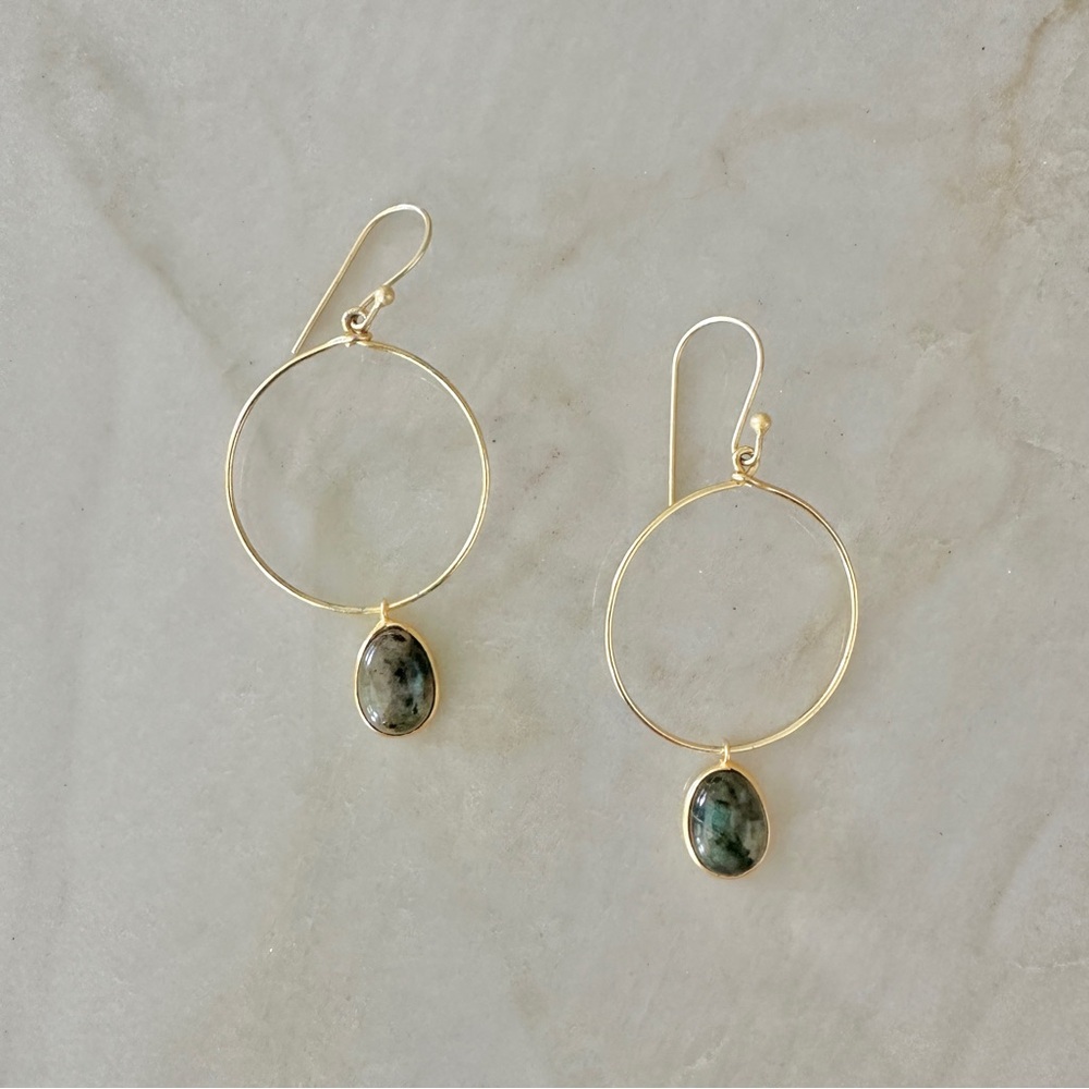 Gold + labradorite drop hoop earrings